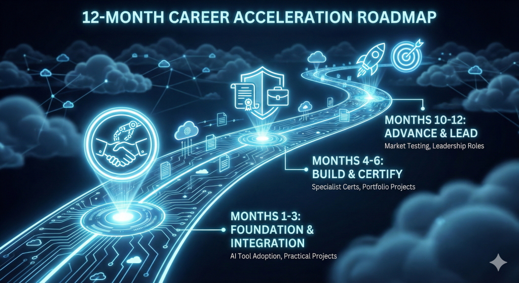 A glowing digital roadmap visualization displaying a curved path to career success. It highlights three key milestones: Months 1-3 (Foundation & Integration), Months 4-6 (Build & Certify), and Months 10-12 (Advance & Lead).