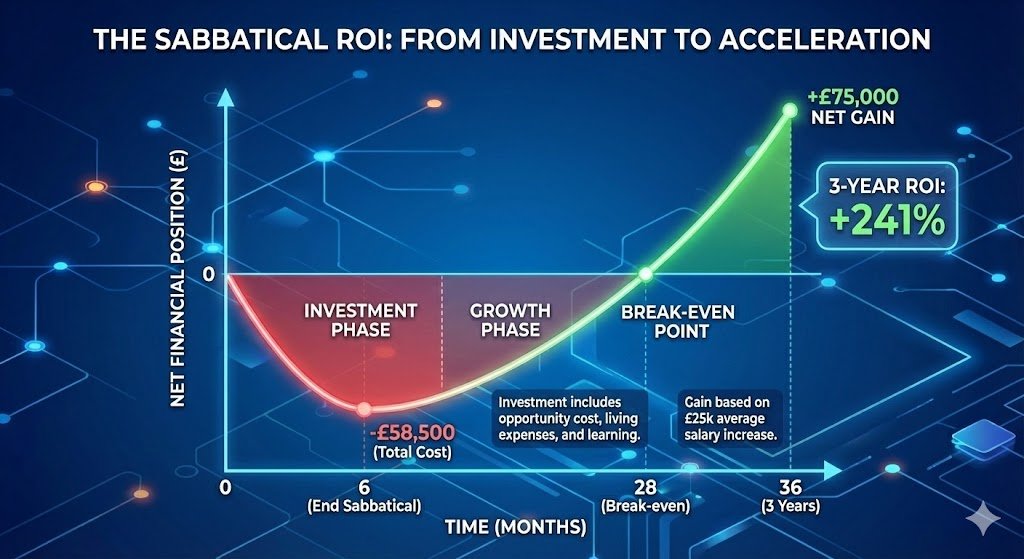 Financial ROI chart illustrating the 'Sabbatical J-Curve'. A red shaded area shows the initial £58,500 investment dip, followed by a steep green line showing a £25,000 annual salary increase, resulting in a break-even point at 28 months and a 241% return over three years.