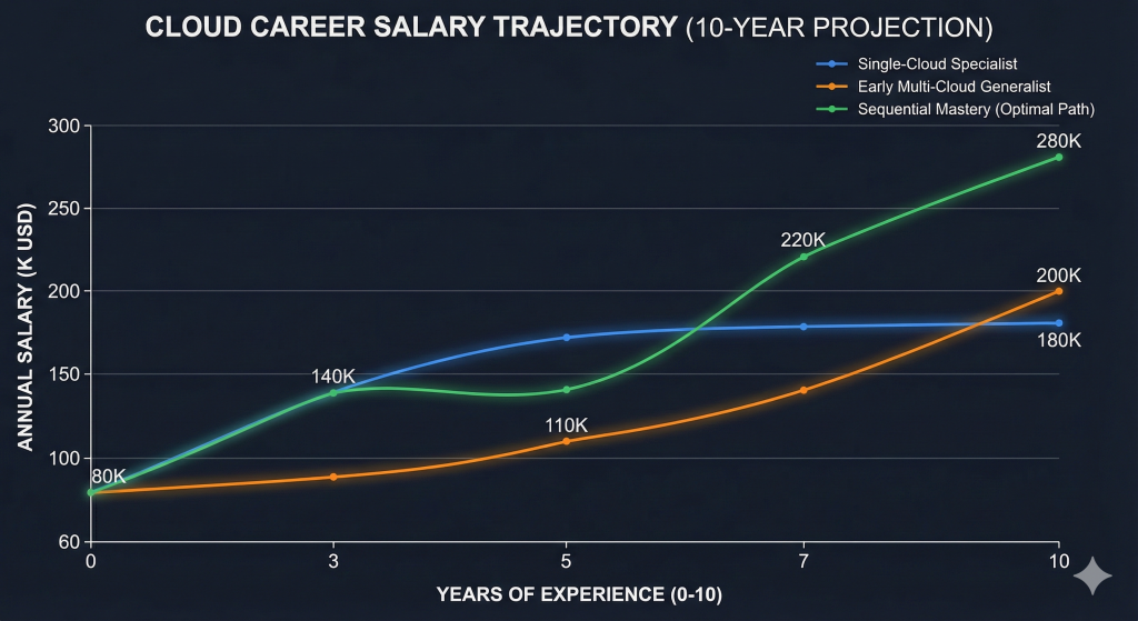 Line graph comparing cloud architect salary trajectories over ten years. The "Sequential Mastery" line shows the highest growth, reaching $200k+ by year 7. The "Early Multi-Cloud" line shows slower initial growth, lagging by $60k in early years.