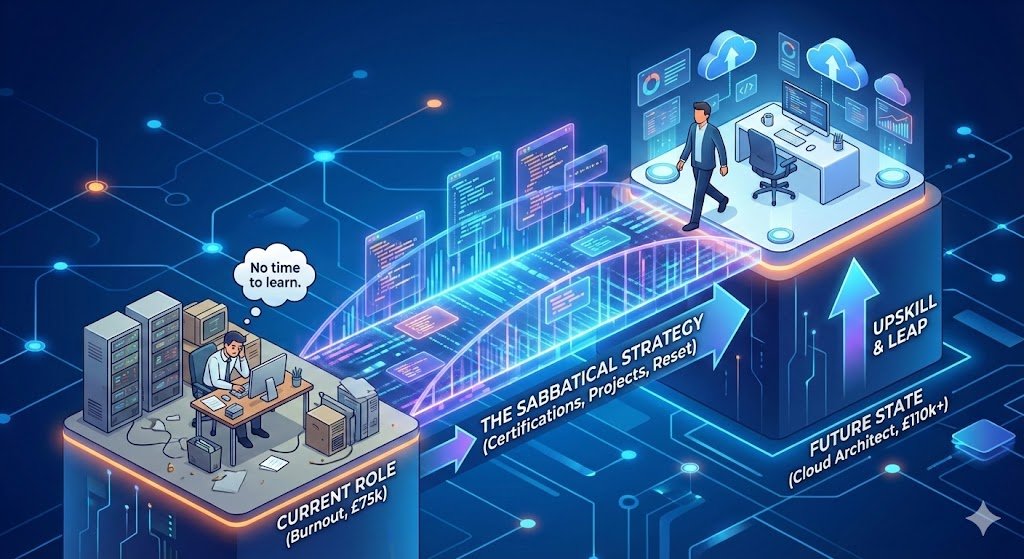 Isometric illustration showing a tech professional crossing a glowing digital bridge from a cluttered, gray platform representing burnout to a futuristic, high-tech platform representing a senior cloud architect role. The bridge is labelled 'The Sabbatical Strategy'.