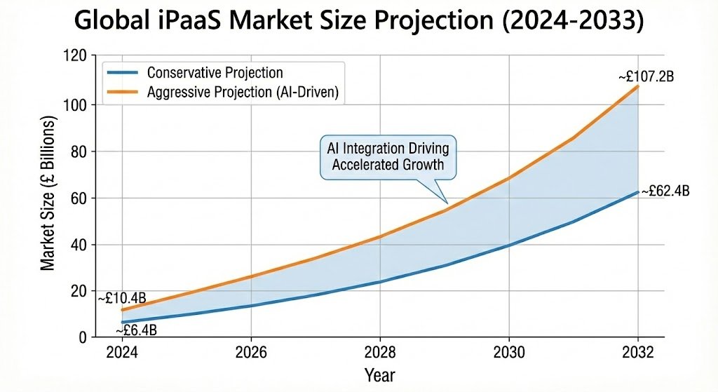 Bar chart projecting global iPaaS market growth from approximately £10 billion in 2024 to over £100 billion by 2030, highlighting the impact of AI integration.