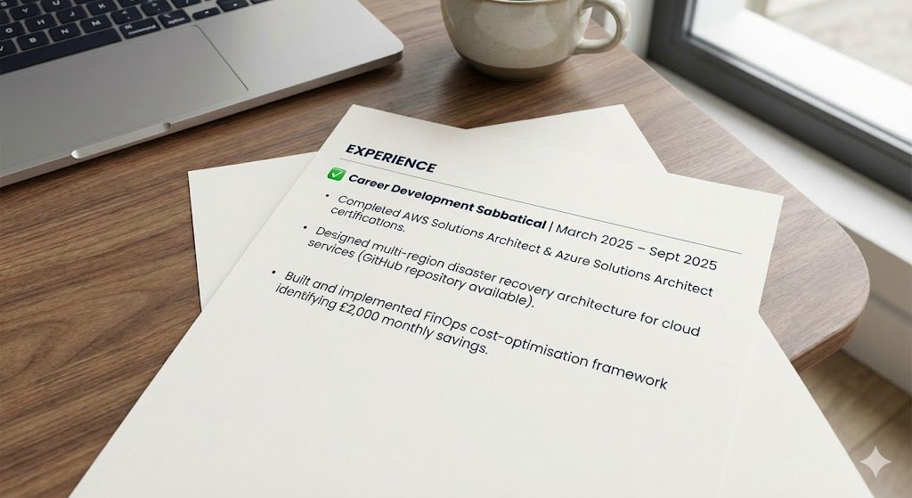 Resume example showing a 'Career Development Sabbatical' entry. Bullet points highlight completed AWS and Azure certifications, a multi-region disaster recovery project, and FinOps cost optimization framework, framing the gap as a period of professional upskilling.