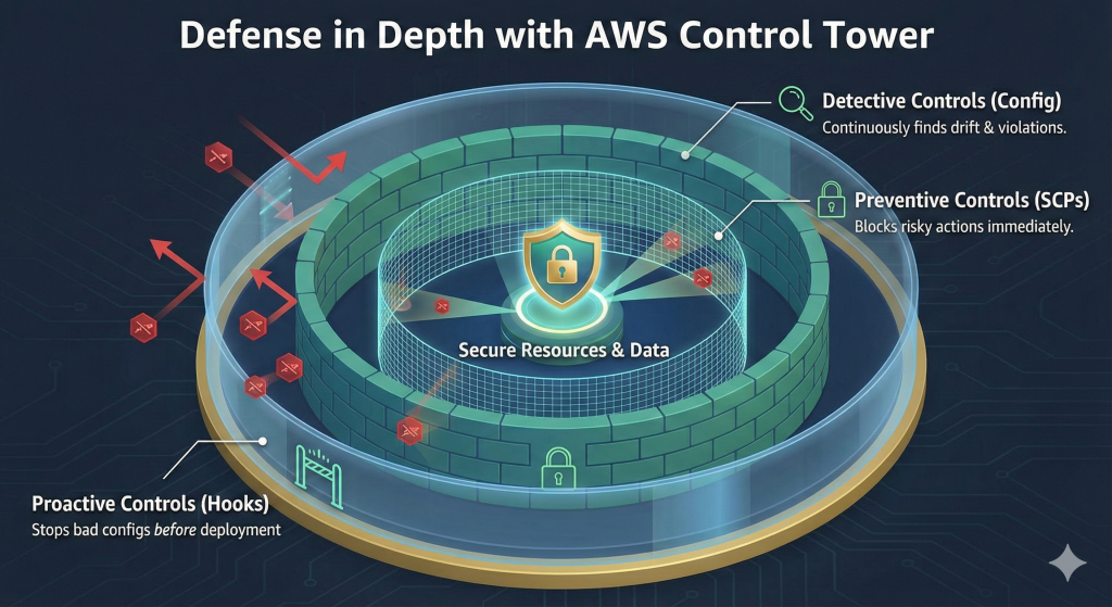 Three concentric security shields illustrating AWS Defense in Depth: Proactive controls (outer), Preventive controls (middle), and Detective controls (inner).