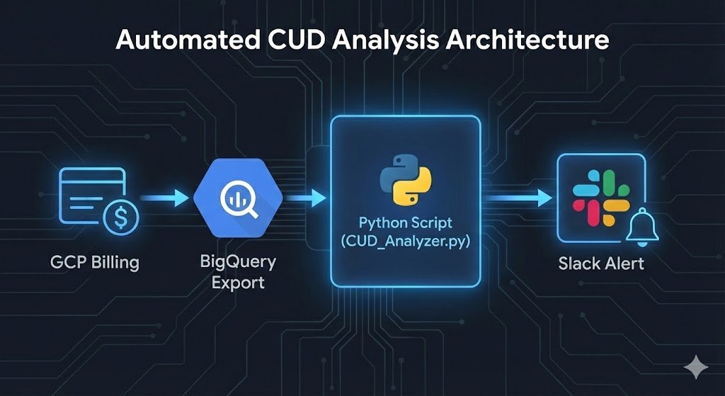 Technical workflow diagram showing the data pipeline: Google Cloud Billing exporting data to BigQuery, a Python script analysing usage, and sending alerts to Slack.