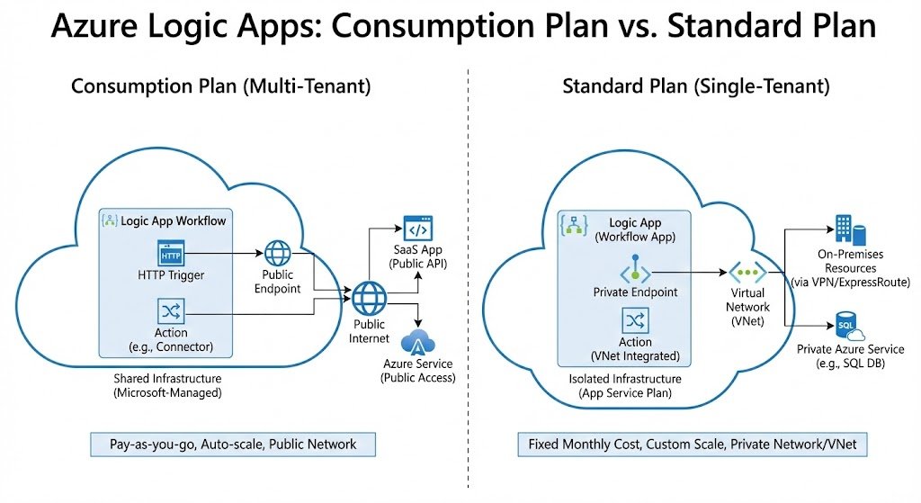 Diagram comparing Azure Logic Apps Consumption plan shared infrastructure versus Standard plan single-tenant architecture with VNet integration and private endpoints.