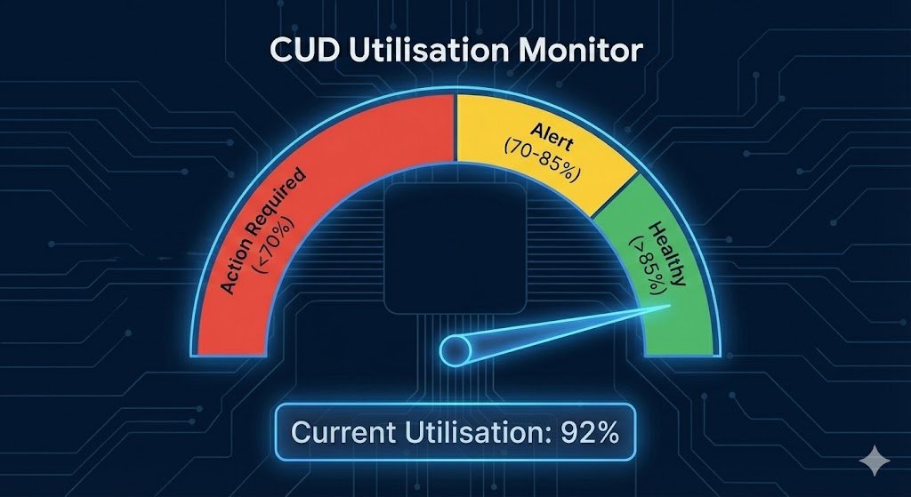Dashboard gauge visualization for CUD Utilisation Monitor. The gauge shows a 'Healthy' status at 92%, with warning zones defined as 'Action Required' below 70% and 'Alert' between 70-85%.
