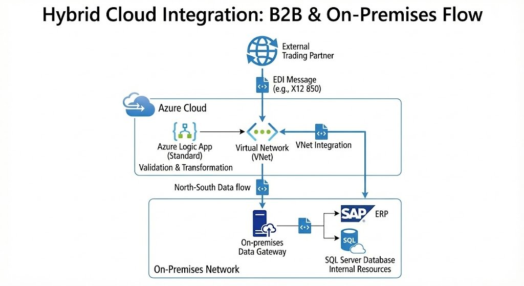 Technical flow diagram demonstrating a hybrid integration path where an external trading partner connects to Azure Logic Apps, which securely routes data to internal on-premises SAP and SQL systems.