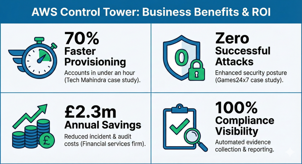 Infographic summarizing Control Tower ROI: 70% faster provisioning, Zero successful attacks, and £2.3 million annual savings.
