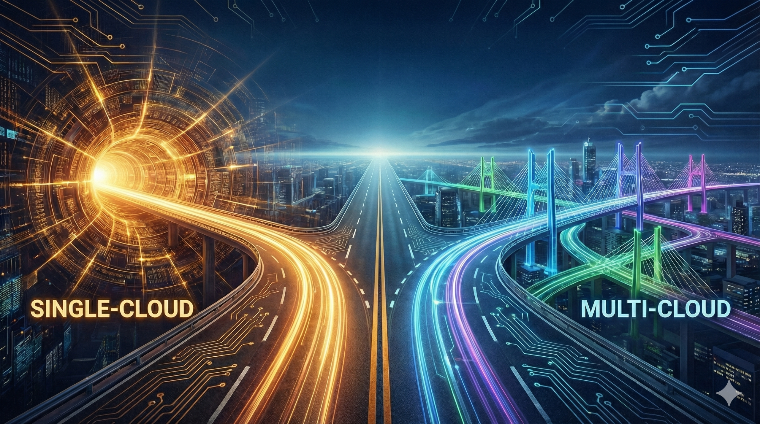 A futuristic digital highway splitting into two distinct paths. The left path leads into a glowing, deep tunnel representing single-cloud depth. The right path branches into an intricate network of bridges connecting a city, representing multi-cloud breadth. Text overlays read "Single-Cloud Depth" and "Multi-Cloud Breadth."
