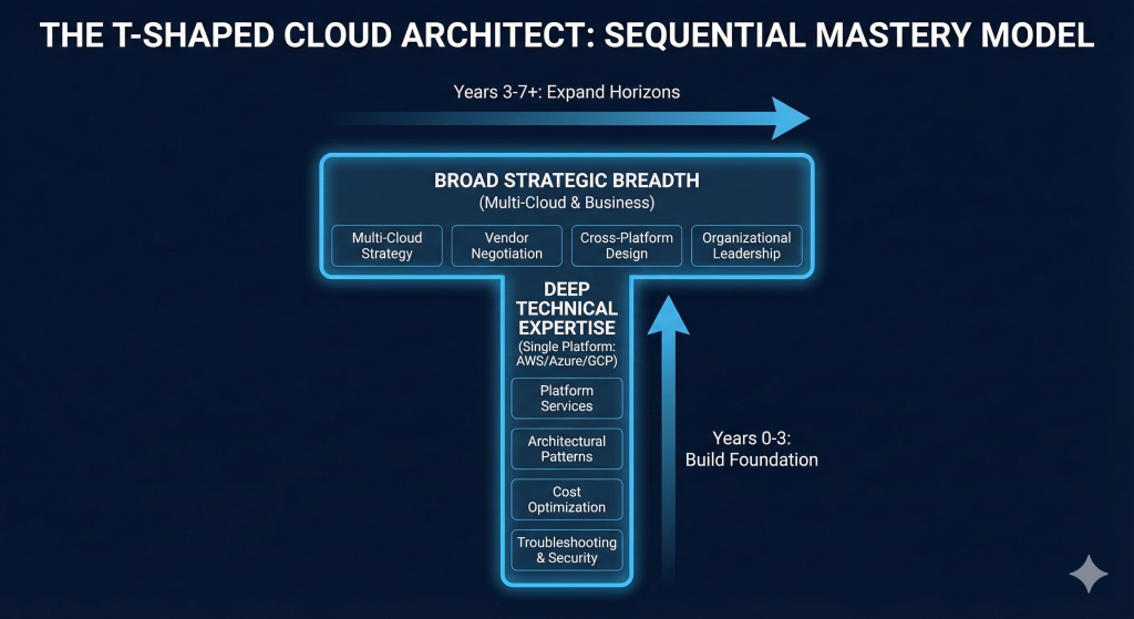 Diagram of a "T-Shaped" cloud professional. The vertical bar represents "Deep Expertise" in a primary cloud like AWS or Azure. The horizontal bar represents "Strategic Breadth" across multi-cloud concepts.