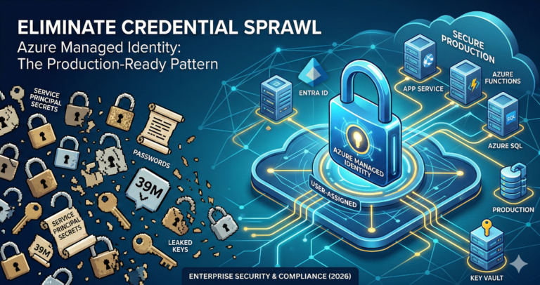 3D illustration contrasting broken service principal secret padlocks with a secure central Azure Managed Identity padlock connecting App Service and Azure SQL.