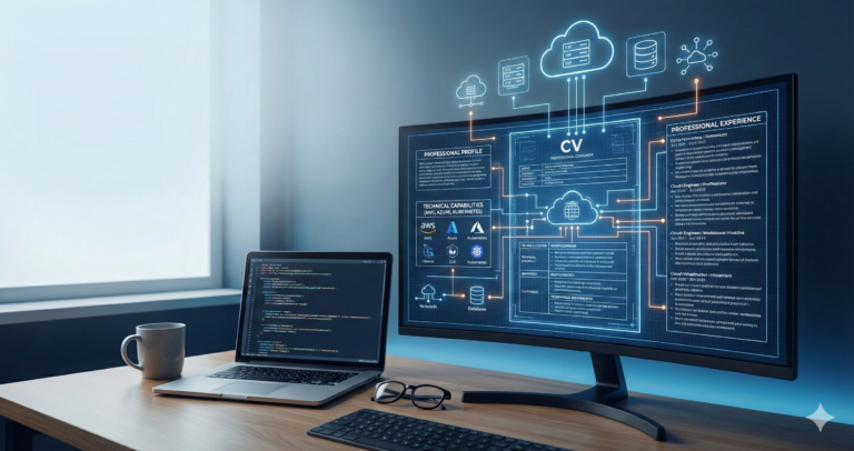 Digital illustration of a professional cloud engineer's workspace featuring a monitor displaying a CV designed like a technical blueprint. The CV connects to holographic AWS and Azure cloud architecture icons, symbolizing the 'CV as technical documentation' concept.