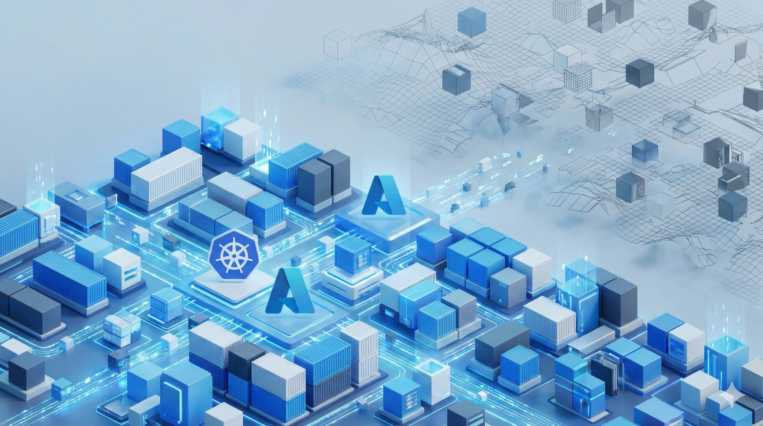 3D isometric illustration of a futuristic Azure Kubernetes Service cluster architecture, featuring organized shipping containers and digital data streams in a blue and white colour palette.