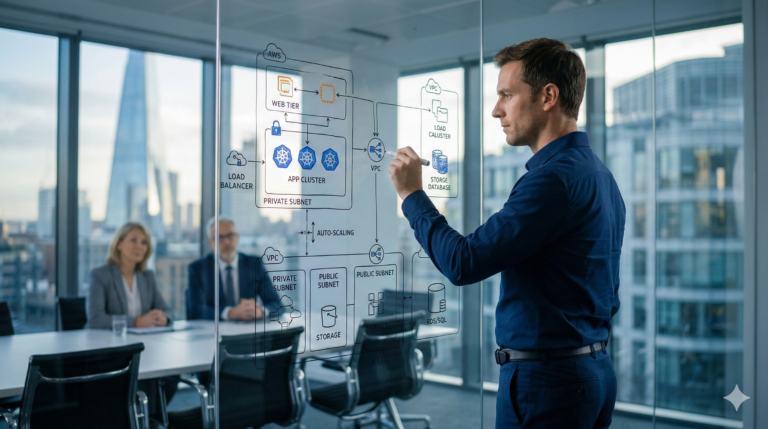 A senior cloud architect drawing a complex cloud infrastructure diagram on a glass wall in a modern enterprise office.