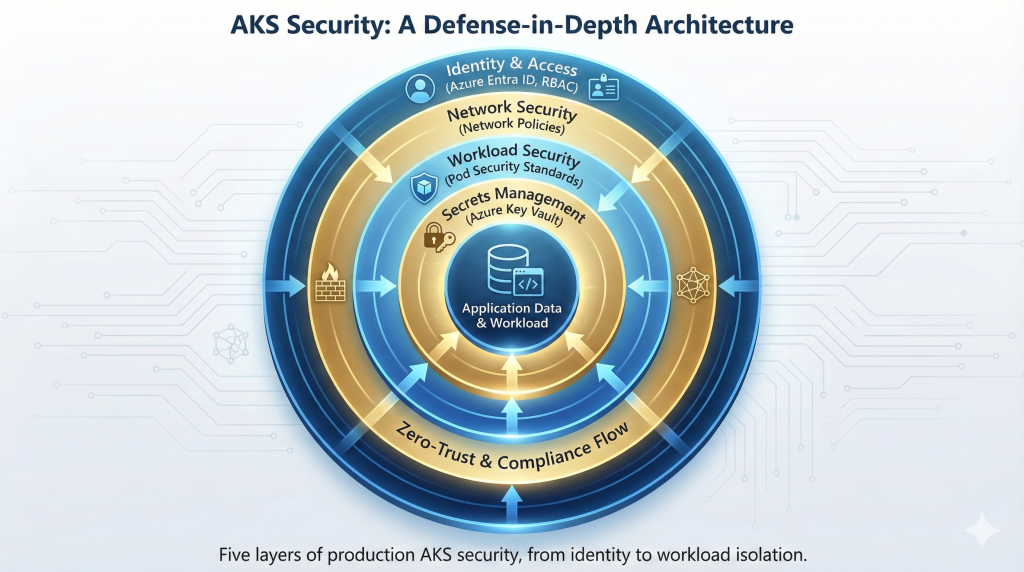 Defense-in-depth security diagram for Azure Kubernetes Service, illustrating five concentric layers ranging from Identity and Access Management to Workload Security and Compliance.