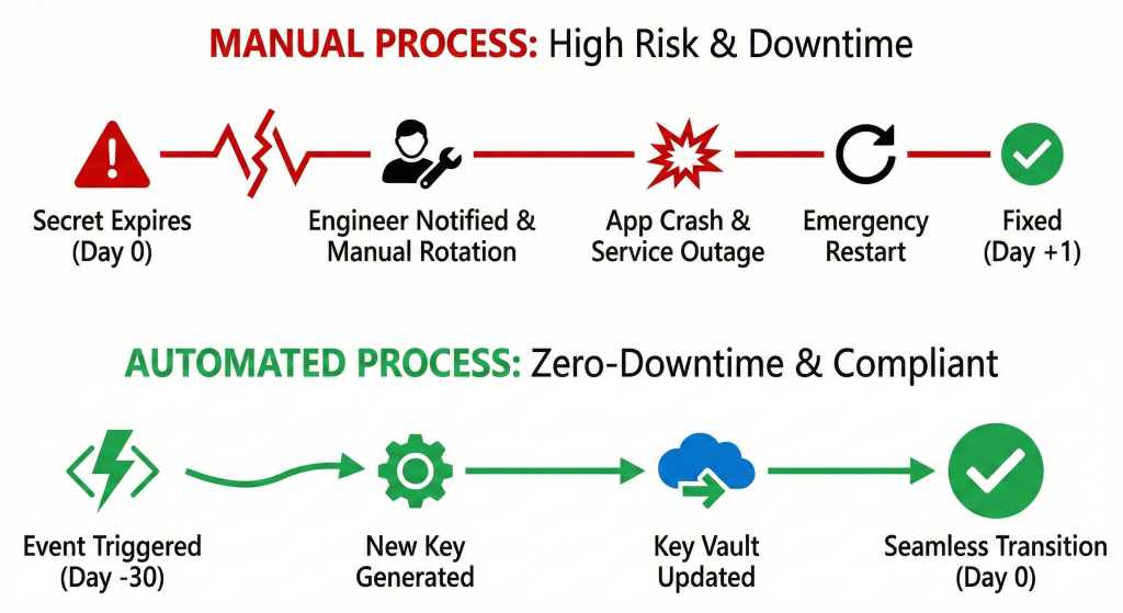 A comparison timeline graphic. The top timeline, labelled 'Manual Rotation', shows a red path: 'Secret Expires' -> 'Engineer Notified' -> 'Manual Update' -> 'App Outage' -> 'Recovery'. The bottom timeline, labelled 'Event-Driven Automation', shows a green path: 'Event Triggered (30 days prior)' -> 'New Key Generated' -> 'Vault Updated' -> 'Zero Downtime Transition'.