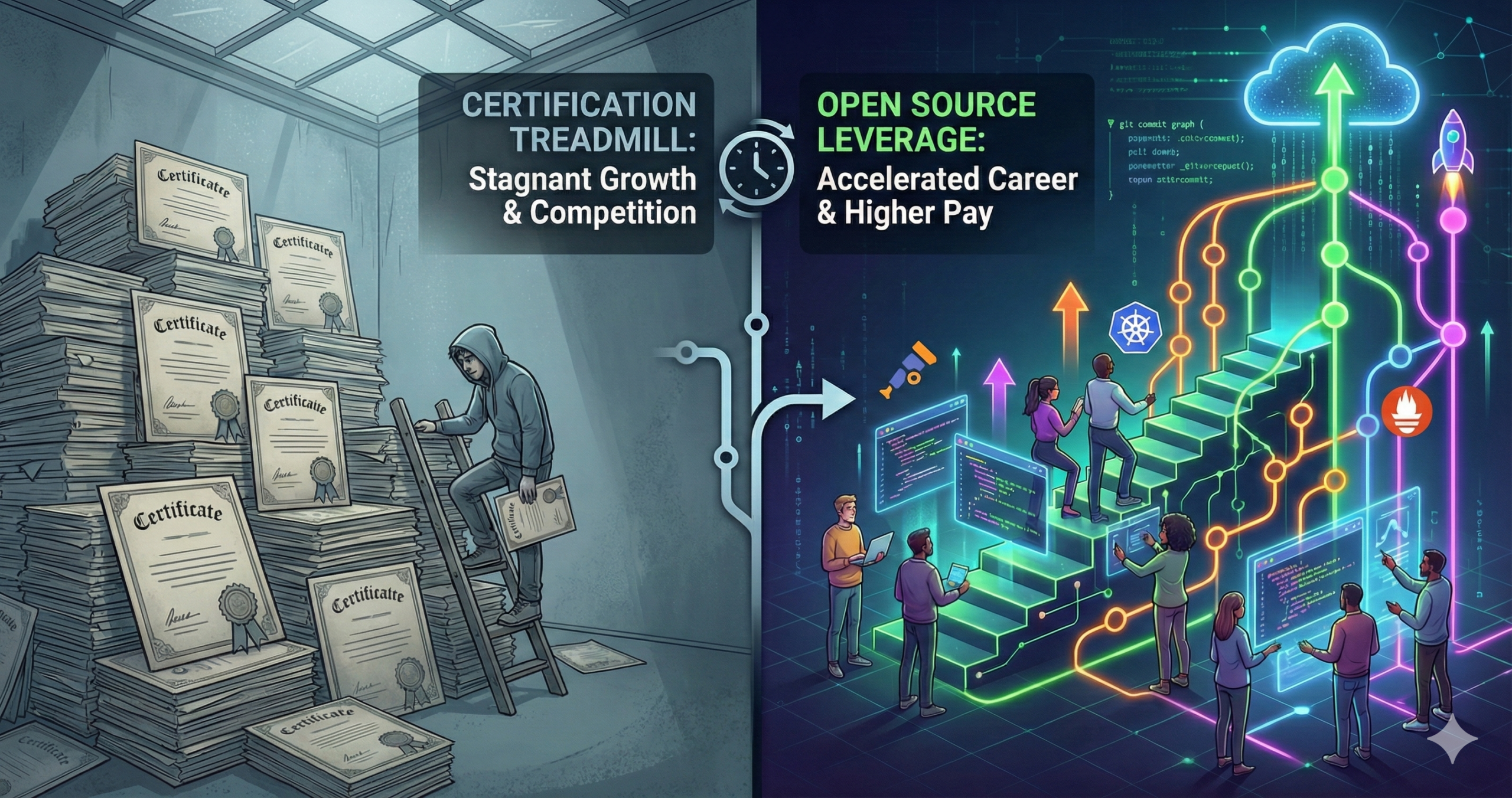A side by side illustration contrasting a worker struggling to climb a massive pile of paper certificates with a vibrant glowing upward git commit graph where collaborators ascend toward cloud career success.