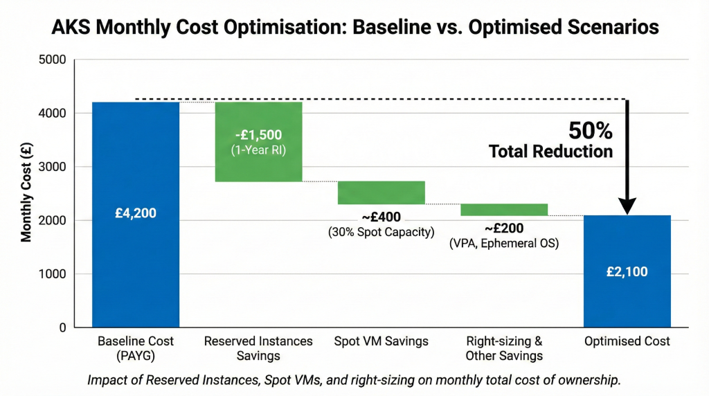 Waterfall chart showing AKS monthly cost reduction from £4,200 to £2,100, highlighting savings from Reserved Instances, Spot VMs, and right-sizing strategies.
