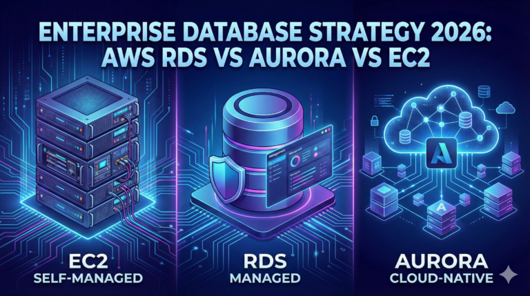 Three-panel comparison of AWS database strategies: a server rack representing self-managed EC2, a database icon for managed RDS, and a distributed cloud network illustration for Amazon Aurora.