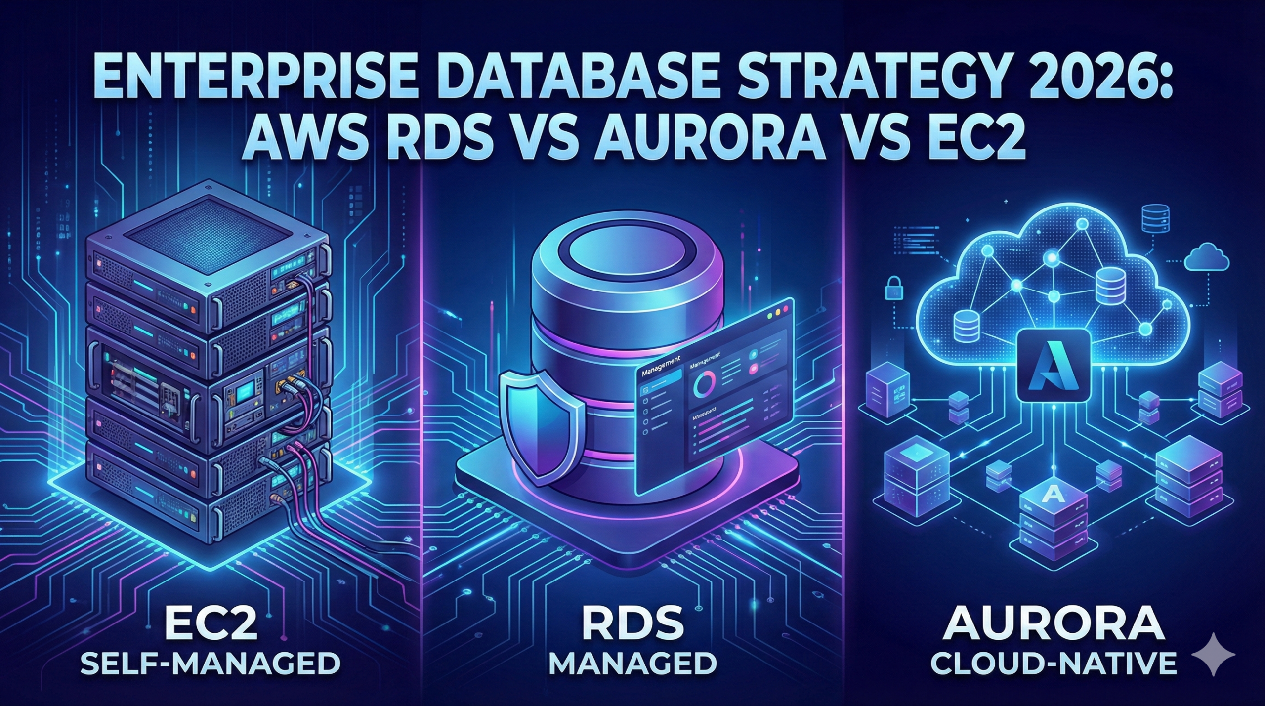 Three-panel comparison of AWS database strategies: a server rack representing self-managed EC2, a database icon for managed RDS, and a distributed cloud network illustration for Amazon Aurora.