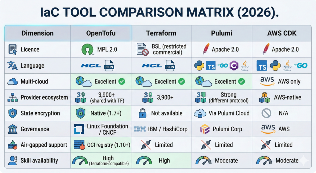A visual matrix comparing OpenTofu Terraform Pulumi and AWS CDK across key enterprise dimensions such as licensing language multicloud support state encryption governance and air gapped network support.