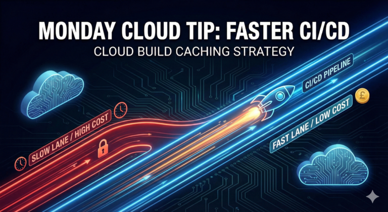 Futuristic illustration of a CI/CD pipeline rocket speeding along a digital highway, transitioning from a slow red lane to a fast blue lane, titled 'Monday Cloud Tip: Faster CI/CD Cloud Build Caching Strategy'.