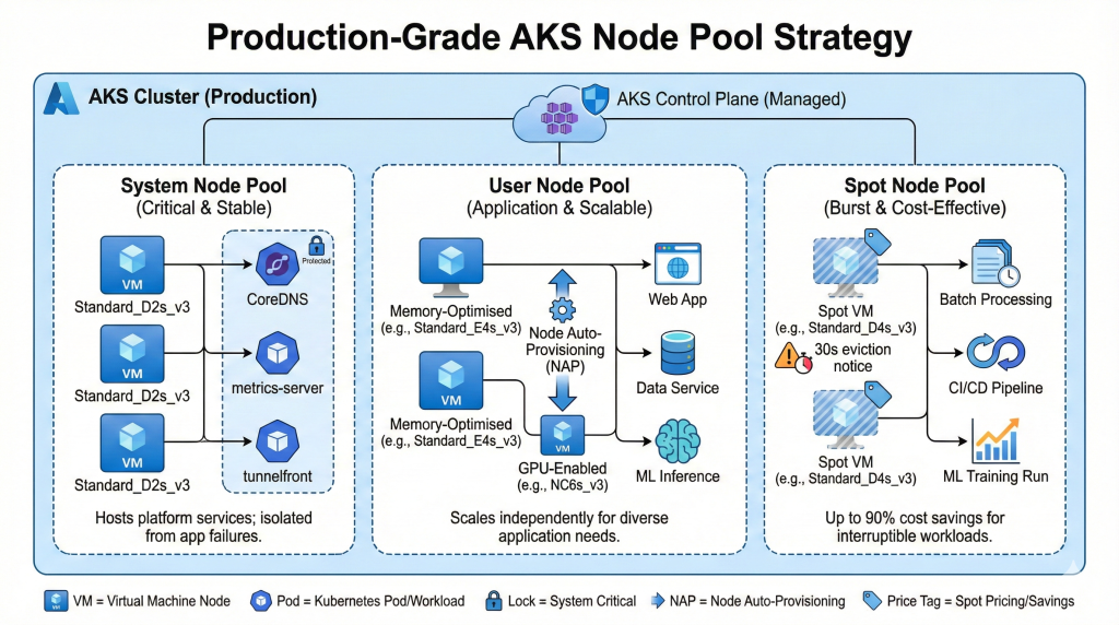 Diagram of a production AKS node pool strategy showing the separation between critical System Node Pools, scalable User Node Pools, and cost-saving Spot Node Pools.