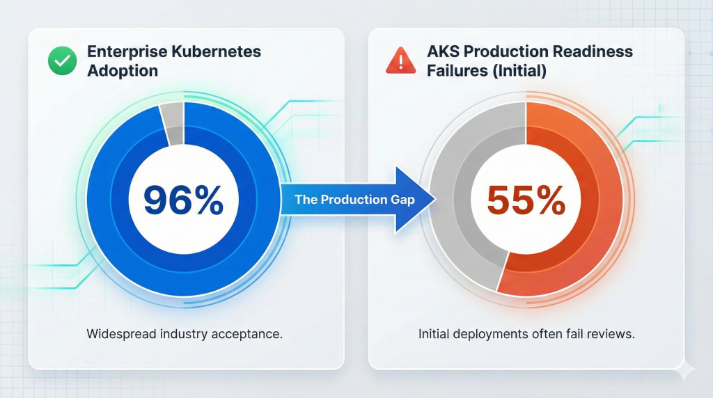 Infographic comparing 96% enterprise Kubernetes adoption rates against a 55% failure rate for initial production readiness reviews.