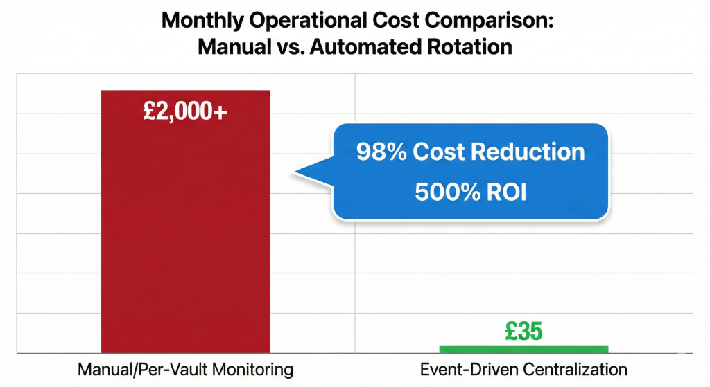 A bar chart comparing monthly operational costs. A tall red bar labelled 'Manual/Per-Vault Monitoring' reaches £2,000+. A very short green bar labelled 'Event-Driven Centralisation' sits at £35. A callout bubble points to the green bar, reading '98% Cost Reduction'.