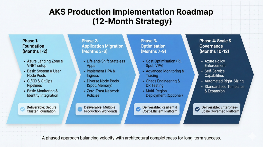 Infographic timeline detailing a 12-month AKS production implementation roadmap segmented into four phases: Phase 1 Foundation (Months 1-2), Phase 2 Application Migration (Months 3-6), Phase 3 Optimisation (Months 7-9), and Phase 4 Scale & Governance (Months 10-12), outlining key deliverables for achieving an enterprise-scale platform.