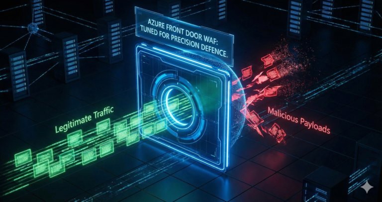 Alt Text: A 3D render of an Azure digital gateway filtering green legitimate network traffic from red malicious data packets.