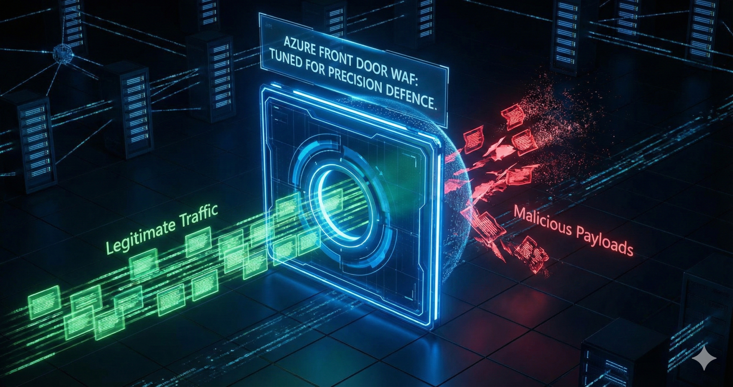 Alt Text: A 3D render of an Azure digital gateway filtering green legitimate network traffic from red malicious data packets.