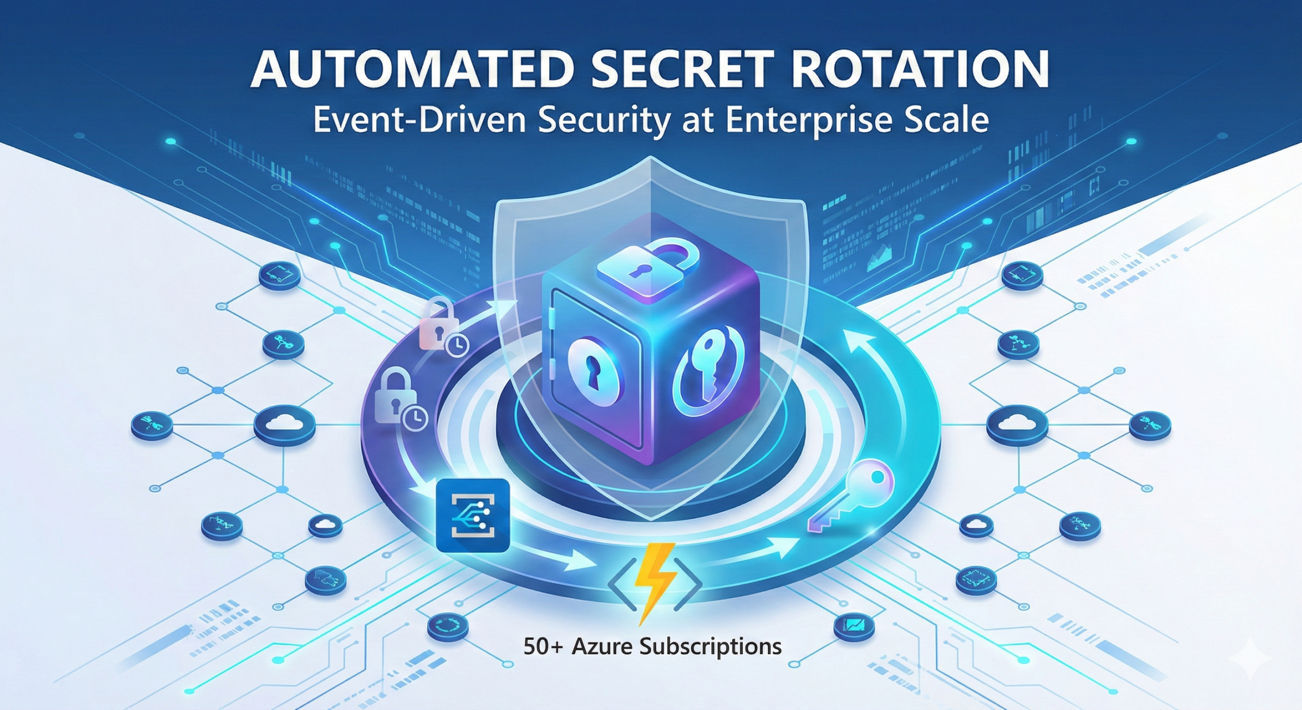 A futuristic 3D isometric illustration of a digital vault glowing in Azure blue, surrounded by orbital rings symbolizing automation loops. In the background, a faint network grid represents an enterprise Azure cloud environment with 50+ subscriptions.