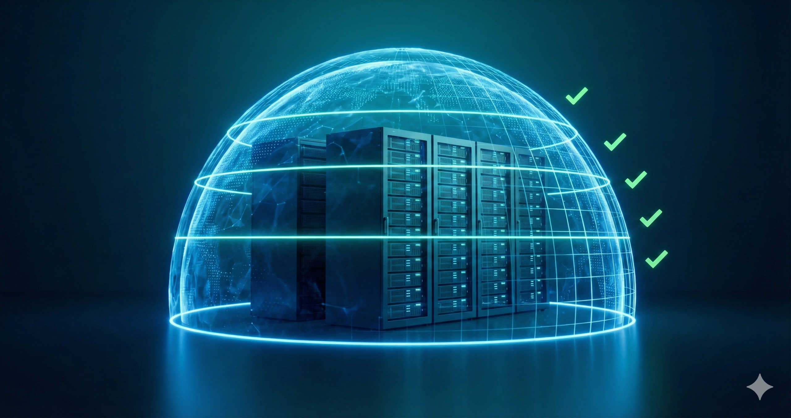 3D illustration of a digital shield protecting server racks being scanned by a green verification laser, symbolizing Azure Conditional Access policy testing and validation.