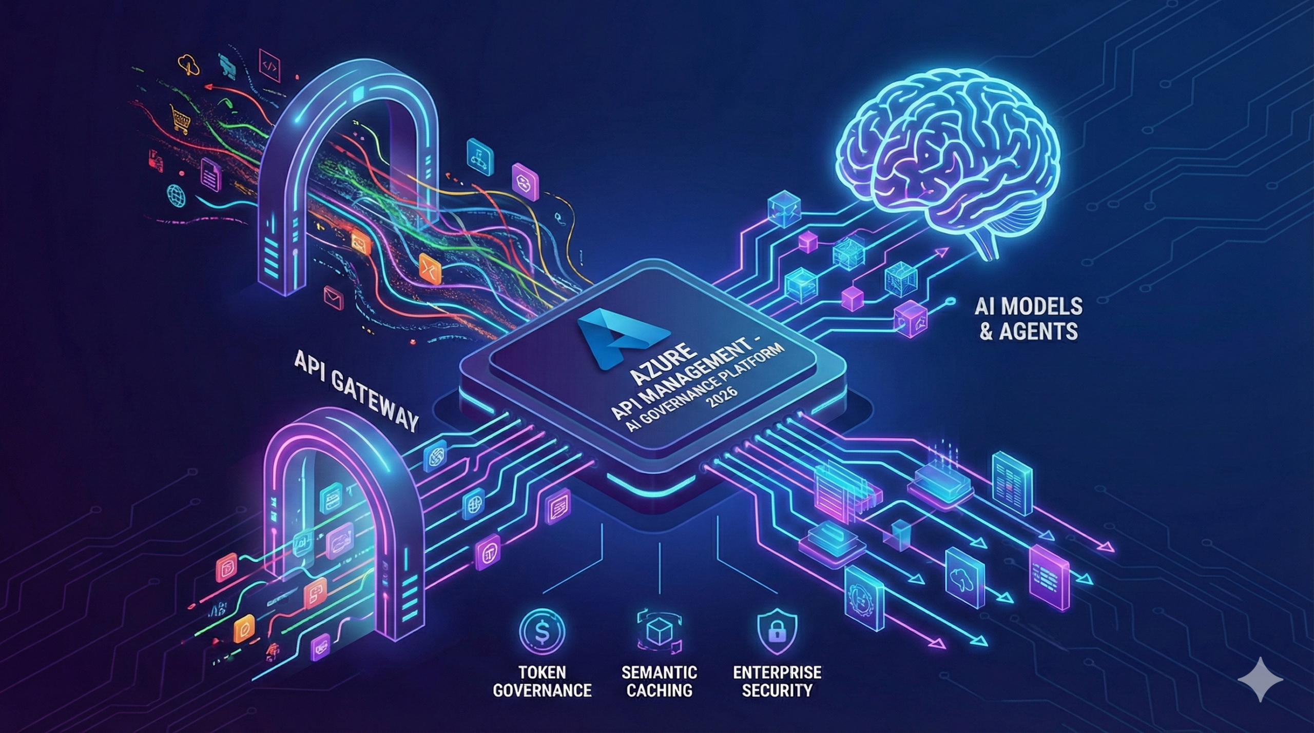 Azure API Management 2026 isometric illustration showing a digital gateway connecting raw data streams to a glowing AI brain, symbolizing the platform's shift to AI governance.