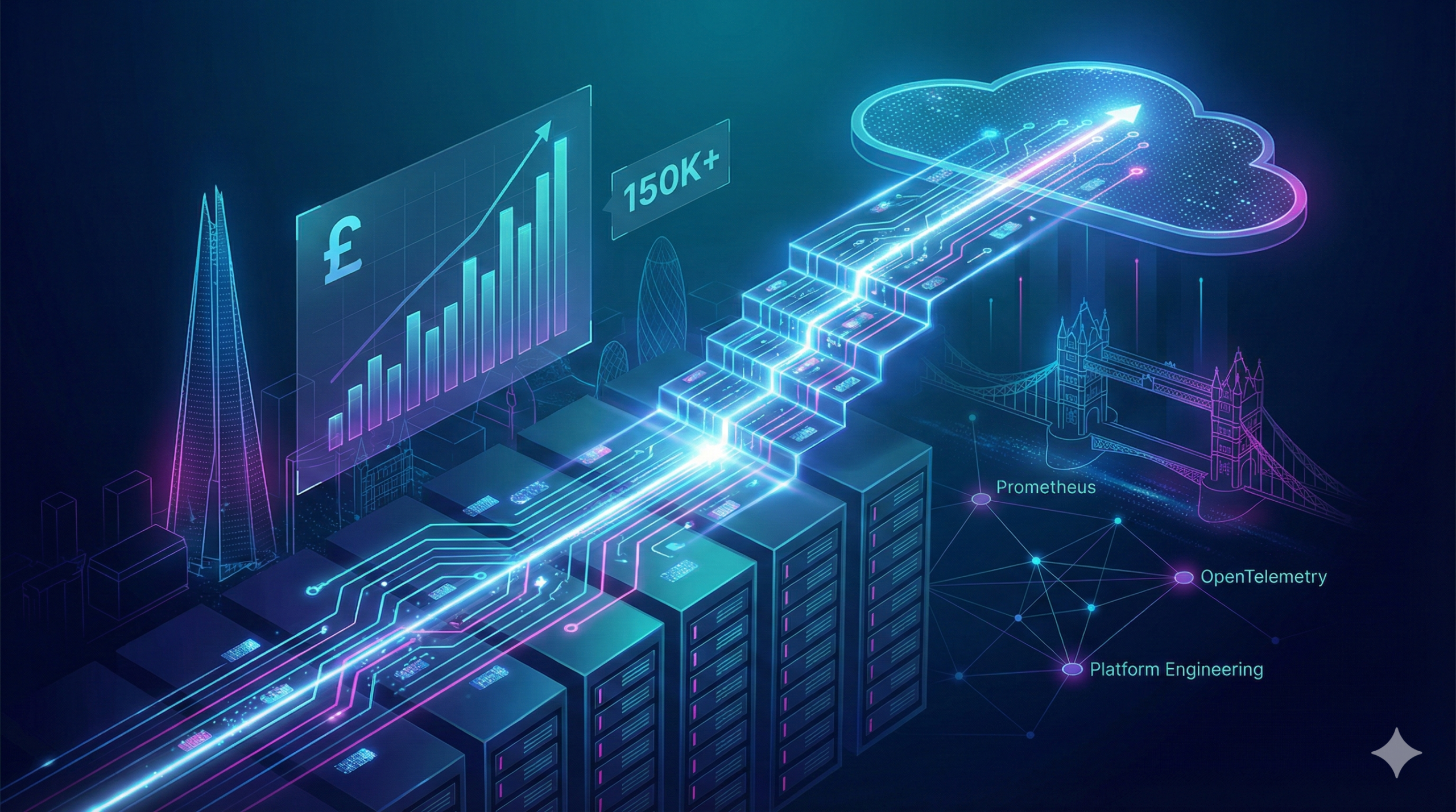Abstract digital illustration of a glowing career path staircase rising through a cloud server infrastructure, representing the salary progression from DevOps to Observability roles.