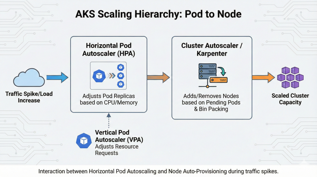 Flowchart illustrating the AKS scaling hierarchy: Traffic spikes trigger Horizontal Pod Autoscaler (HPA) to add pods, which triggers Cluster Autoscaler or Karpenter to provision new nodes.
