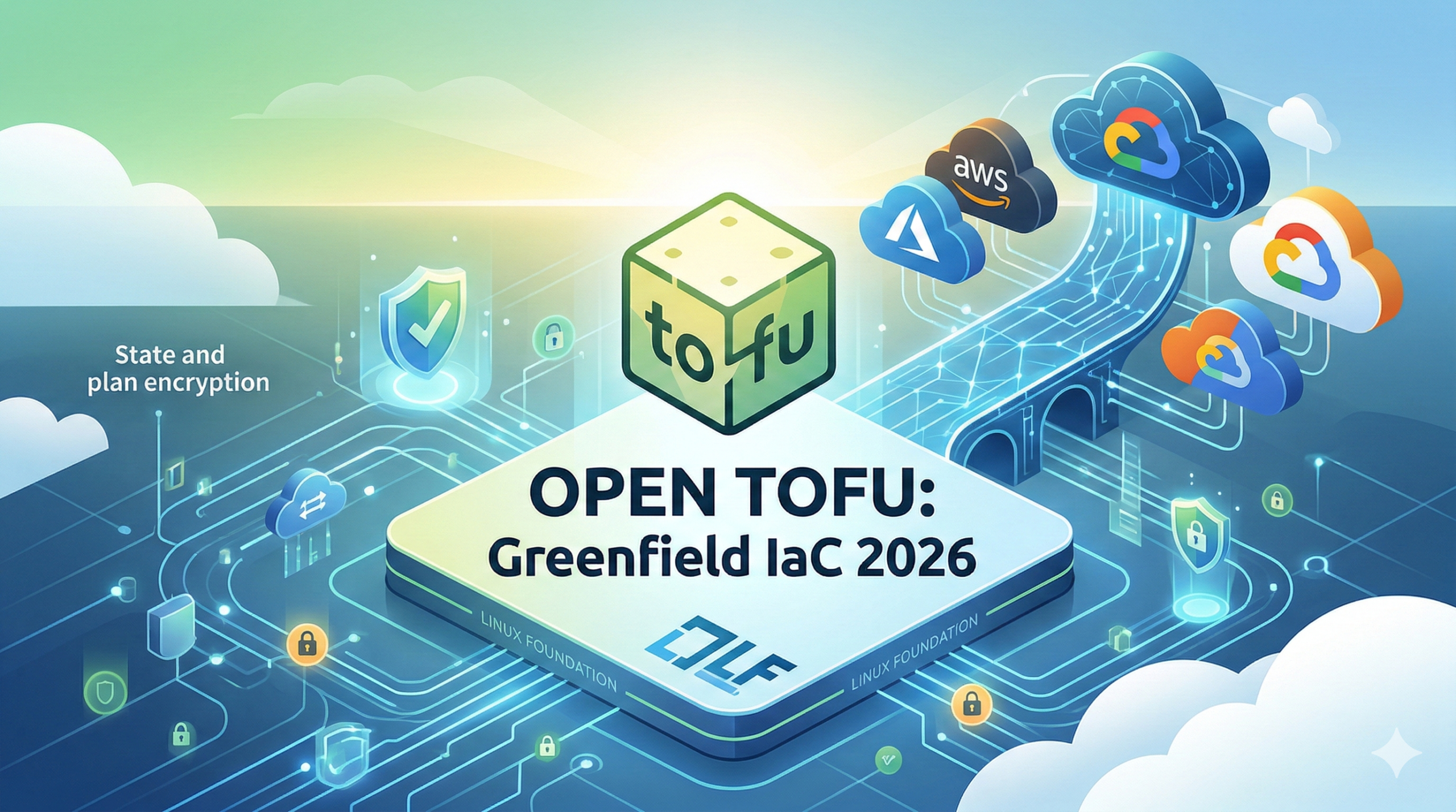 A 3D illustration showing the OpenTofu logo on a central processor surrounded by glowing circuit paths and cloud provider icons for AWS Google Cloud and Azure representing modern infrastructure as code.