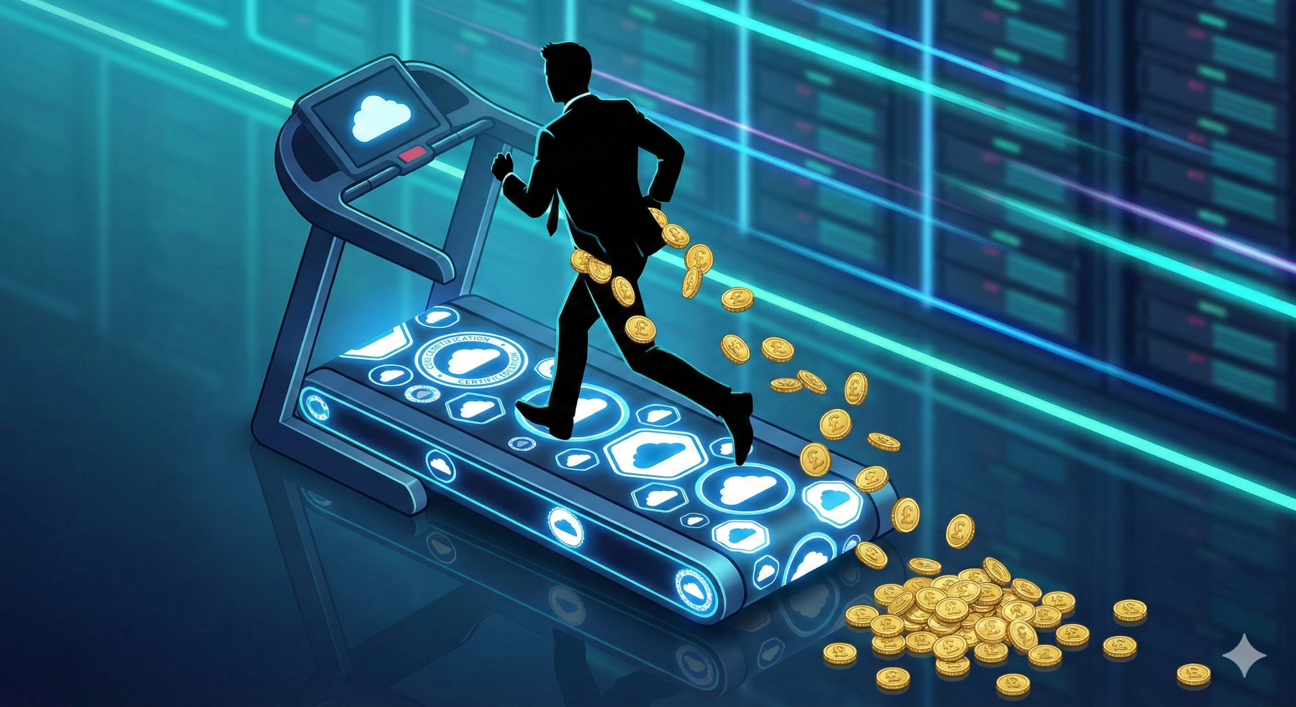 A concept illustration depicting a professional silhouette running on a treadmill made of glowing cloud certification badges. British pound coins are falling from their pockets, symbolizing the hidden financial and time costs of maintaining an excessive certification portfolio.
