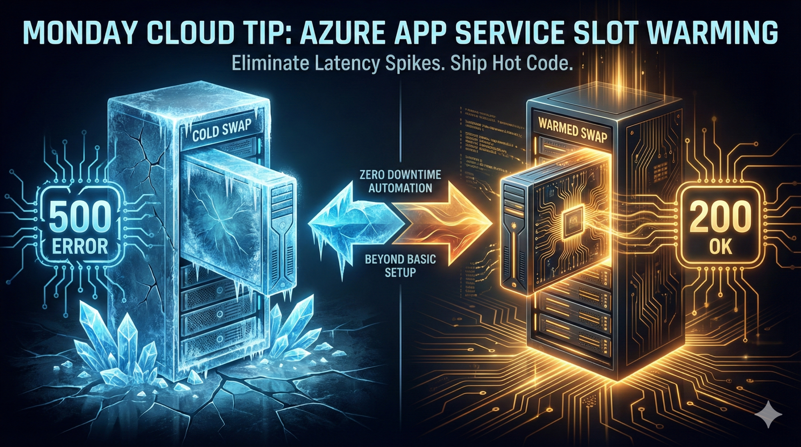 A split screen 3D render comparing a frozen blue server rack labeled Cold Swap with a glowing orange server rack labelled Warmed Swap, representing zero downtime deployment.