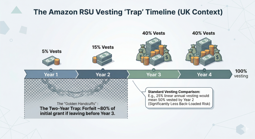 A four-year timeline visualizing a back-loaded Amazon RSU grant (5%, 15%, 40%, 40%), with a large trap icon and chain links covering years one and two to visually highlight that 80% of initial equity is forfeited if leaving before the start of year three, effectively defining the 'two-year trap' and 'golden handcuffs' for UK cloud professionals.