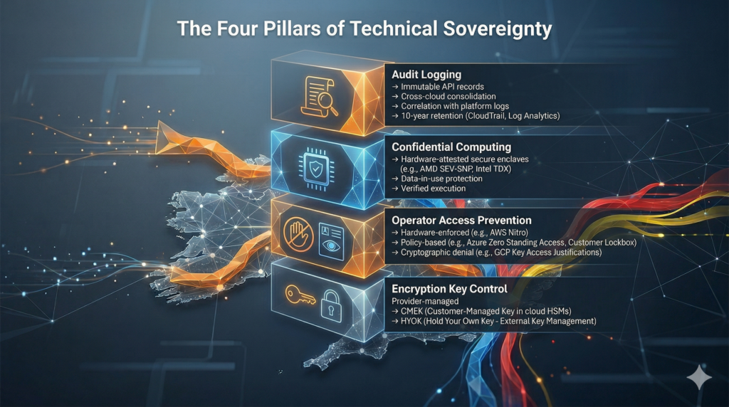 A sophisticated, professional technical infographic diagram titled "Visual 3: The Four Pillars of Technical Sovereignty," featuring a clean horizontally stacked architecture of four distinct blocks rising upwards against a dark technical UK map base. The stack, constructed from glowing geometric segments and helical data trails matching the feature image style, consists of four levels, bottom to top: Encryption Key Control (summarizing provider-managed to customer-managed (CMEK) and external key management (HYOK)), Operator Access Prevention (Hardware-enforced, Policy-based, and Cryptographic denial), Confidential Computing (Hardware-attested secure enclaves and data-in-use protection), and Audit Logging (Immutable API records, consolidation, and correlation).