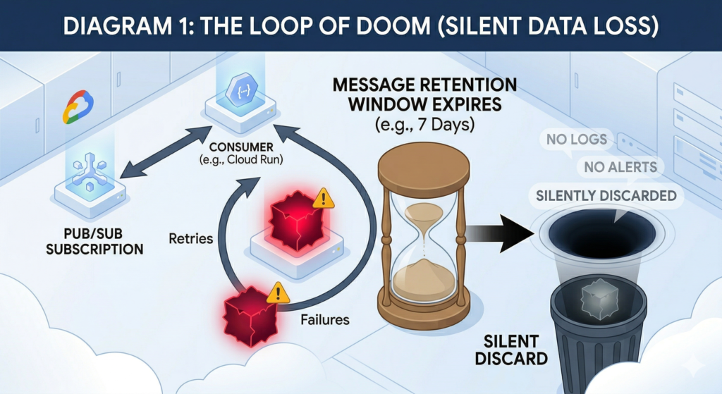 An isometric visualization titled "DIAGRAM 1: THE LOOP OF DOOM (SILENT DATA LOSS)." It diagrams a failed message delivery cycle, showing a single jagged, red data cube continuously retrying between a Pub/Sub Subscription and a Consumer. Nearby, an hourglass shows "MESSAGE RETENTION WINDOW EXPIRES," with a large black arrow pointing to a swirling black hole labeled "SILENT DISCARD." Faded thought bubbles read "NO LOGS," "NO ALERTS," "SILENTLY DISCARDED," highlighting the complete absence of visibility.