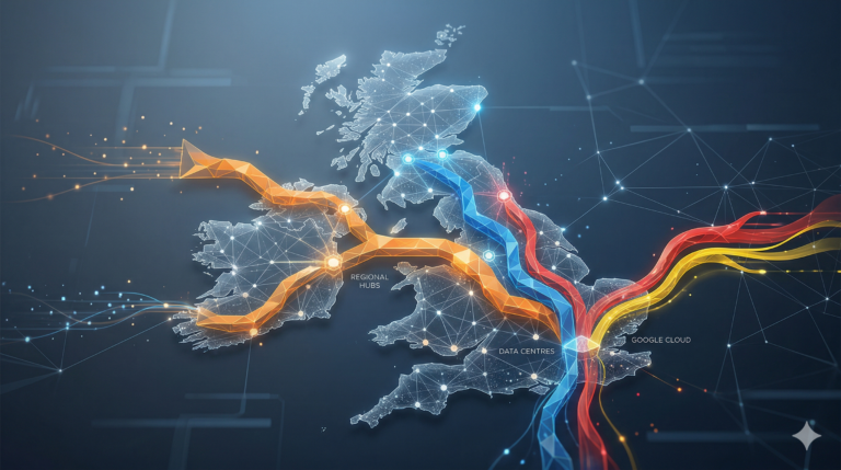 A stylized digital visualization of the United Kingdom map formed by a complex network of glowing blue data nodes and lines. Three distinct, vibrant architectural data pathways, in orange (left), blue (center), and red/yellow (right) representing AWS, Azure, and GCP, flow across and integrate seamlessly into the UK's geometric network fabric against a dark technical background suggesting flow, integration, and modern cloud architecture connectivity rather than restriction.