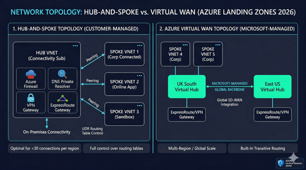 Side by side comparison of Azure Hub and Spoke network topology versus Azure Virtual WAN topology illustrating routing differences for enterprise landing zones.