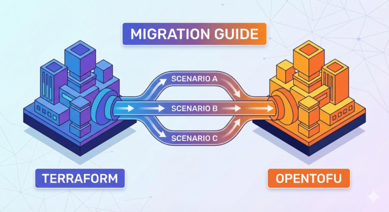 An architectural diagram illustrating the migration pipeline from Terraform to OpenTofu. It shows three distinct pathways labeled Scenario A, Scenario B, and Scenario C connecting two stylized technical cityscapes.