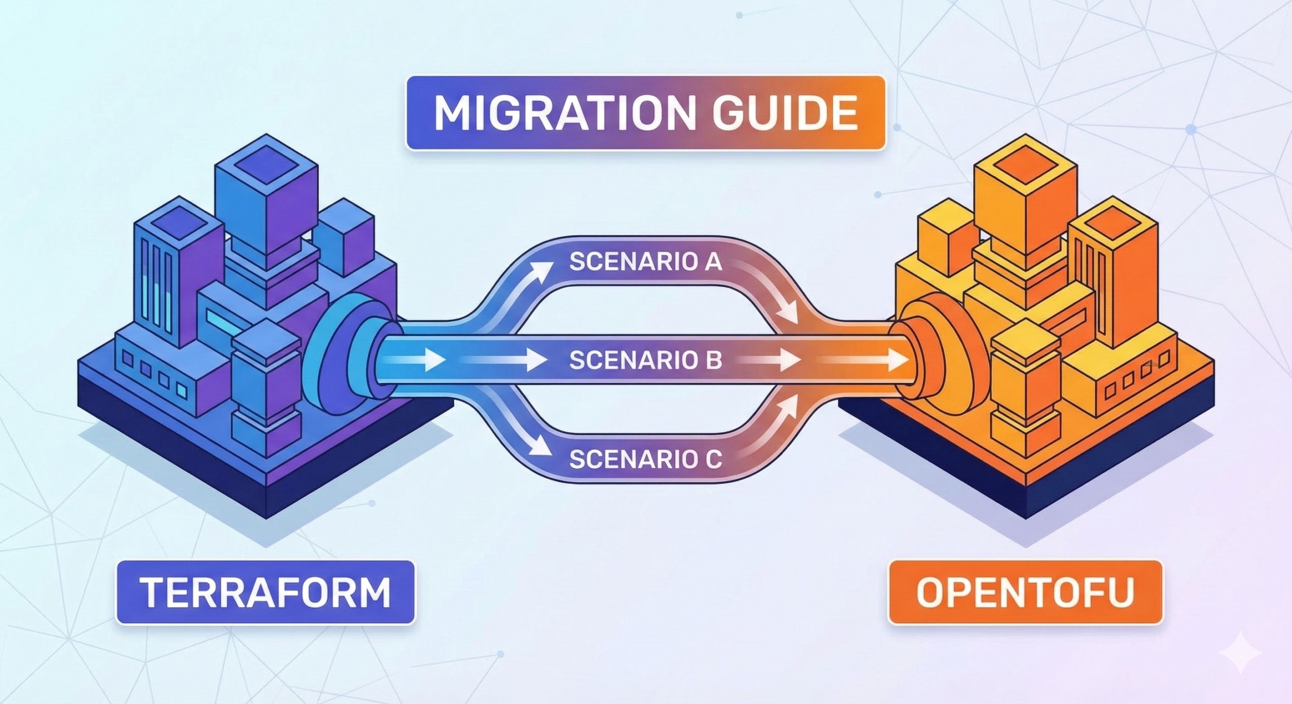 An architectural diagram illustrating the migration pipeline from Terraform to OpenTofu. It shows three distinct pathways labeled Scenario A, Scenario B, and Scenario C connecting two stylized technical cityscapes.