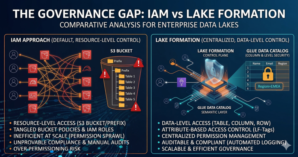 A comparison diagram illustrating the data governance gap: IAM resource-level control showing permission sprawl and tangled policies vs. Lake Formation centralized data-level control with automated logging and attribute-based access control (LF-Tags).