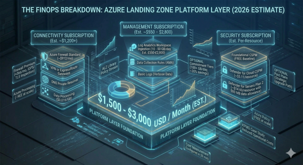 Infographic breaking down the estimated 1500 to 3000 USD monthly cost of an Azure Landing Zone platform layer across Connectivity Management and Security subscriptions.