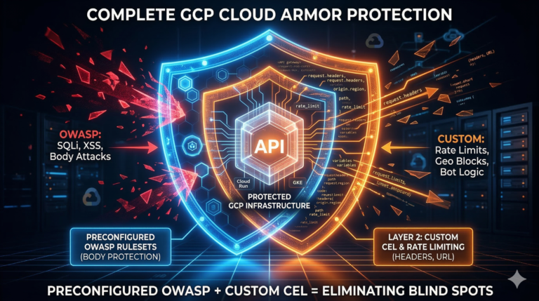 A glowing digital shield divided into two interlocking halves. The left blue half represents preconfigured OWASP body protection, while the right orange half represents custom CEL header and URL validation, illustrating complete Cloud Armor protection.